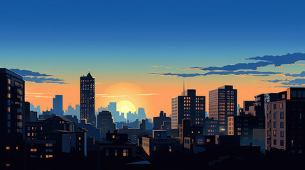 Poster - Illustrated Urban Skyline at Golden Hour