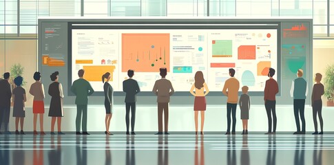 Poster - A group of people stand facing a large screen filled with data and charts.