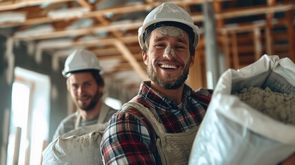 Poster - Two smiling male construction workers carrying bags of cement, wearing white hard hats and plaid shirts working together on the ceiling inside an unfinished house in daylight. Generative AI.