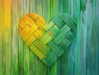 Poster - Gradient colored background featuring a woven heart design in vibrant green hues