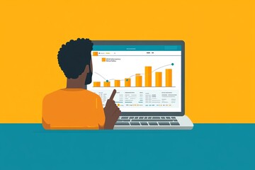 Fototapete - A man is looking at a laptop screen with a bar graph showing growth.
