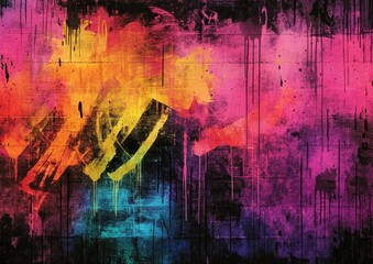 Poster - Vibrant grunge texture featuring hip hop graffiti art with a tie dye effect Includes a black brush element and a lively neon graffiti wall design