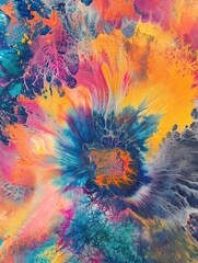 Wall Mural - Colorful Tie Dye Art with Fantasy Effects Organic Hand Drawn Textiles Featuring Blue and Grey Splashes Vibrant Acrylic Painting with Unique Artistic Flair