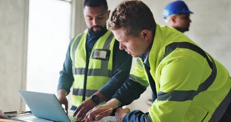 Poster - Teamwork, planning and architecture with people and laptop for construction site, blueprint and building renovation. Collaboration, project management and engineering with contractor for design