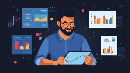Fototapete - A man with a beard and glasses sits at a desk looking at a tablet computer while surrounded by graphs.
