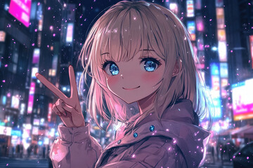 Poster - An anime-style girl with blonde hair and blue eyes, making a peace sign with her right hand, wearing a black jacket with pink flowers on it.