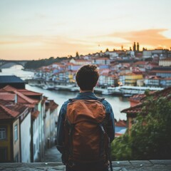 A lone traveler gazes out over the picturesque cityscape at sunset, their backpack filled with anticipation for the journey ahead.