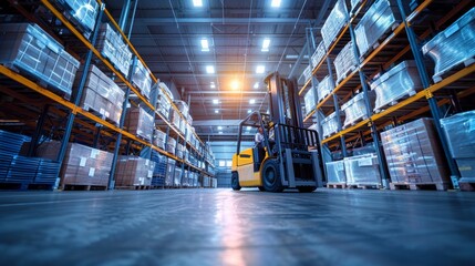 Forklift loader in action, efficient pallet stacking, warehouse equipment operation, focus on logistics and storage, dynamic warehouse scene, AI Generative