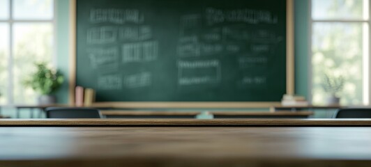 Blur interior design background of empty classroom with blackboard. Empty classroom with table, chair and blackboard at school. 