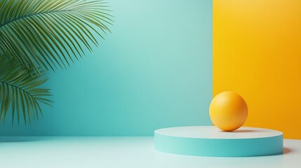 pedestal with vibrant summer colors, 3D rendered in Cinema 4D, ample copy space for text, deep depth of field ensuring all object parts are sharp