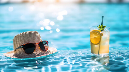 Straw hat, sunglasses and cocktail on swimming pool side. Blue sea surface with waves, texture water and sunlight shadow reflections. Summer travel and vacation.  