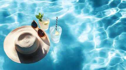 Wall Mural - Straw hat, sunglasses and cocktail on swimming pool side. Blue sea surface with waves, texture water and sunlight shadow reflections. Summer travel and vacation.  