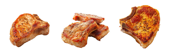 set of pan-seared pork chops with a golden-brown crust and juicy interior on a transparent background