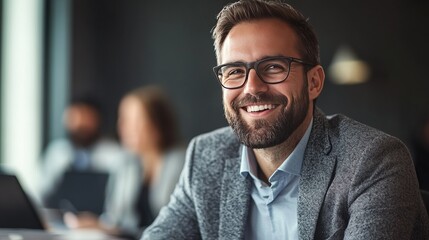 Wall Mural - Successful businessman listening attentively to a discussion during a meeting, surrounded by his team in a professional office setting.