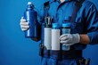 © ORG - Water treatment technician with tools and spare parts for work clothes with blue background