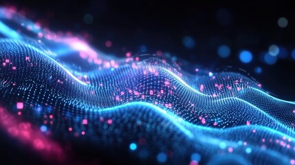 Futuristic abstract background featuring glowing blue and pink digital waves made of dots, representing sound waves or data flow concepts. This high-detail vector illustration showcases an ultra-reali