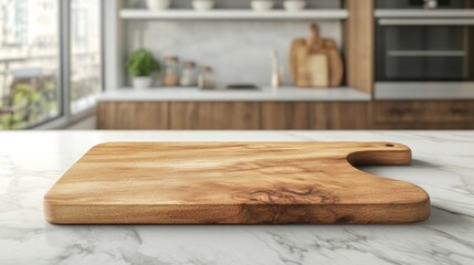 Wall Mural - A wooden cutting board sits on a white marble countertop against blurred interior on background. Mockup of product display at kitchen table, copy space