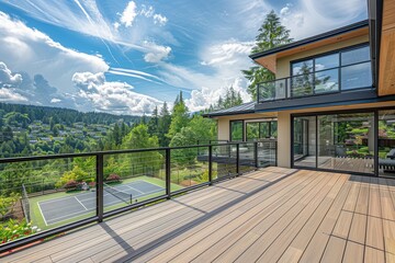 Panoramic view from a wooden deck with glass railing, overlooking green hills and a tennis court in the Black Pacific Northwest with a cloudy blue sky.