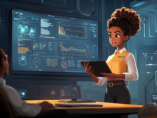 Fototapete - A young woman in a yellow vest stands in front of a large screen displaying graphs and data, holding a tablet.  She is explaining the information to a colleague sitting at a desk.