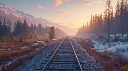 Poster - A railroad track disappears into a misty mountain valley at sunrise.