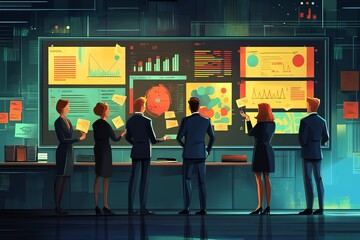 Poster - Business people analyzing data on charts and graphs displayed on a large screen.