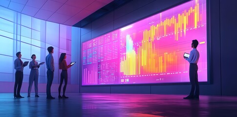 Poster - Business people are looking at a large screen with financial data.
