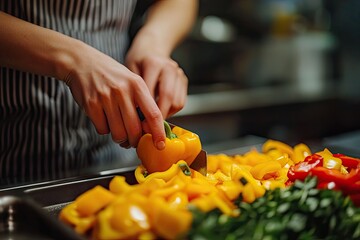 Wall Mural - Chef slicing yellow bell peppers. This image is perfect for depicting healthy eating, food preparation, and culinary arts.