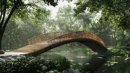 Canvas Print - A rustic wooden bridge arching over a serene pond amidst lush greenery.