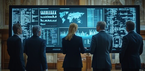Poster - Businesspeople stand in front of a large screen displaying financial data.