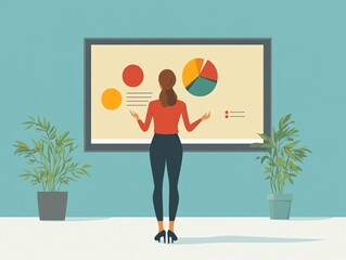 Poster - Businesswoman standing in front of whiteboard with charts, giving a presentation in an office with plants.