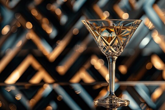 Champagne glass  the Art Deco era with bold geometric accents and chrome details, reflected in the martini glass and black background.