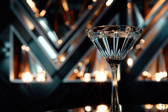 Champagne glass  the Art Deco era with bold geometric accents and chrome details, reflected in the martini glass and black background.