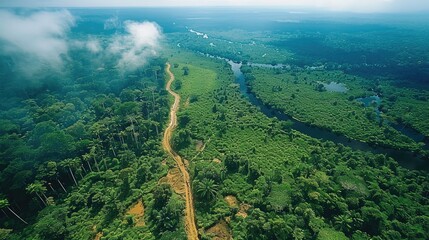 Aufkleber - Aerial view of the rainforest highlighting areas of deforestation and reforestation. Generative AI.