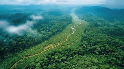 Aufkleber - Aerial view of the rainforest highlighting areas of deforestation and reforestation. Generative AI.