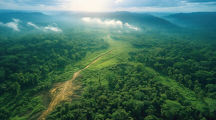 Aufkleber - Aerial view of the rainforest highlighting areas of deforestation and reforestation. Generative AI.