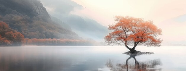 Canvas Print - Solitary Tree in Serene Lake During Misty Morning