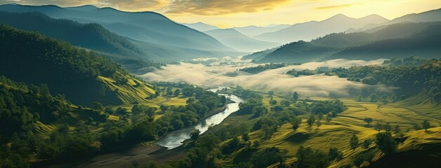 Poster - Misty River Valley at Sunrise with Gentle Hills