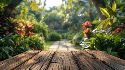 Poster - Wide angle blurred garden and on middle an empty table on focus for product presentation. Generative AI.