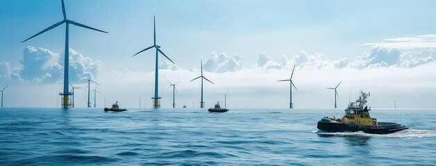 Offshore Wind Farm and Maintenance Ships at Sea