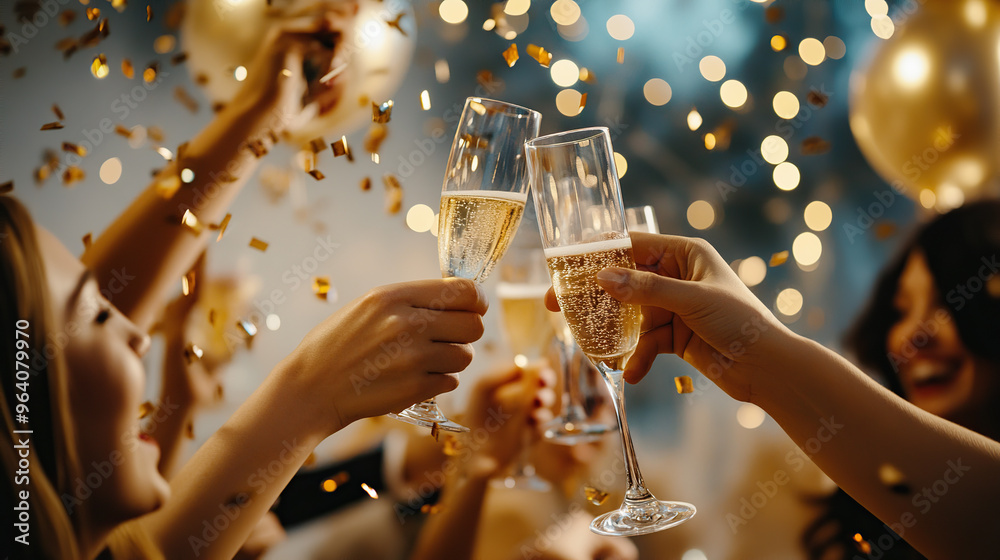 Vibrant New Year's Eve party with champagne toast and confetti Stock ...