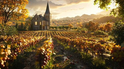 A stone house with a tower sits on a hill overlooking a vineyard in the fall.