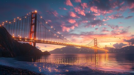 Sticker - A suspension bridge lit up at sunset with pink and blue clouds.