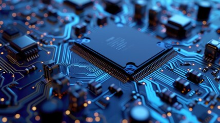 Wall Mural - Close-up View of Blue Circuit Board and Microchip