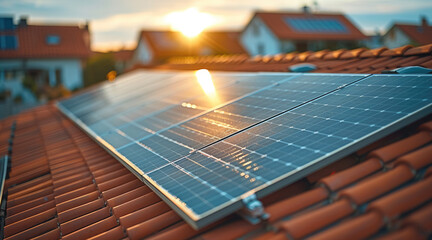 Aufkleber - Solar panels on a roof in a village, roof in perspective view, sun in the background an sunlight on the solar panels, blue sky, red bricks on the roof, houses in the background with a little village.