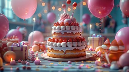 Poster - Celebrating birthday party, cake, gifts and balloons in the background, The style is colorful and playful, surrounded by streamers and decorations, creating a festive atmosphere. Generative AI.