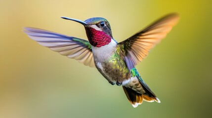 Poster - A vibrant hummingbird in flight with spread wings against a blurred background.