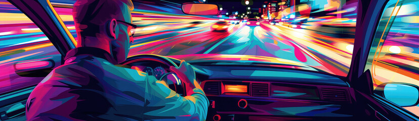 Sticker - Vibrant Nighttime Drive Through the City Illustration