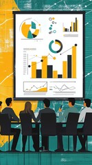 Poster - Silhouetted businesspeople looking at a presentation on a projector screen with several colorful graphs.