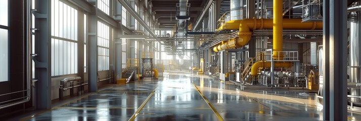 Poster - Modern Industrial Factory Interior with Yellow Pipelines