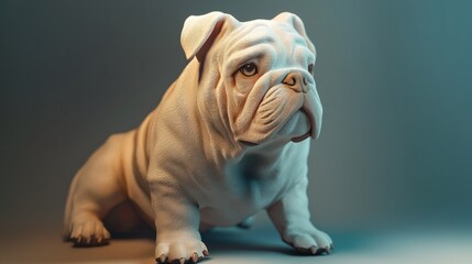 A white bulldog sits in a studio with soft lighting, looking to the right.